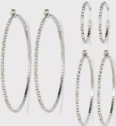 trio-imitation-rhodium-with-glass-crystal-rhinestone-hoop-stud-earring-set-3pc-wild-fable-8482-white-crystal 14k-gold-dipped-cubic-zirconia-cross-on-chain-and-crystal-stretch-bracelet-set-2pc-gold-white