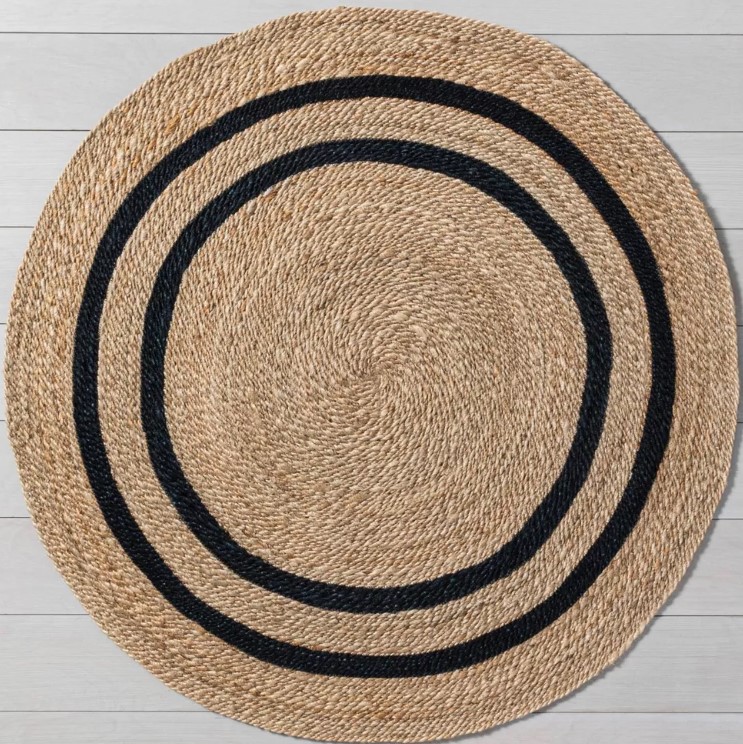 round-5-39-double-stripe-braided-jute-area-rug-charcoal-tan-hearth-38-hand-8482-with-magnolia Made-in-USA-Raval-Top-Grain-Leather-Sofa-Bed